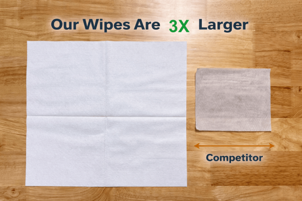 Our wipes are larger than your common everyday wipes and tougher.